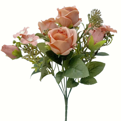 Rose and Bud Bush with Mixed Foliage x 30cm long - Peach - 4 heads 3 buds