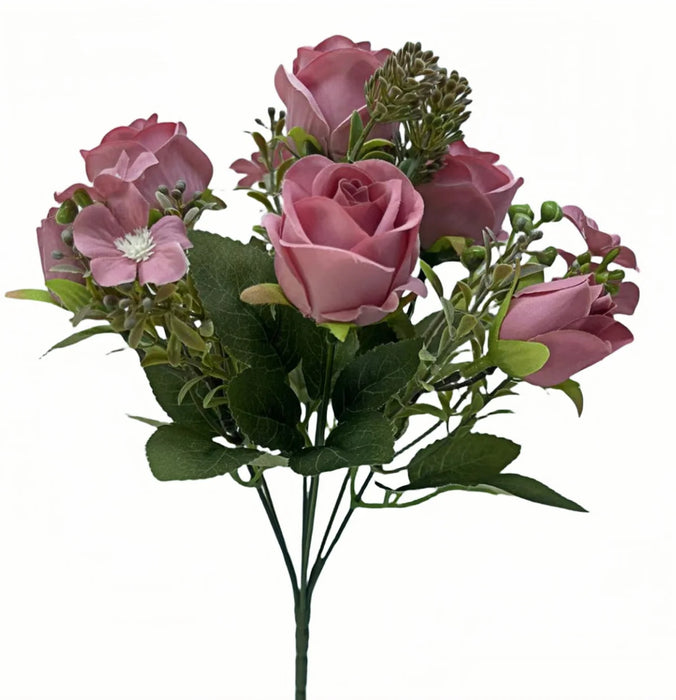 Rose and Bud Bush with Mixed Foliage x 30cm long - Dusky Pink - 4 heads 3 buds
