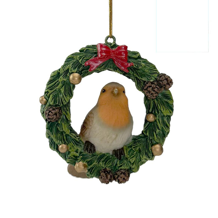 Resin Robin Wreath Tree Decoration 8 x 8.5cm