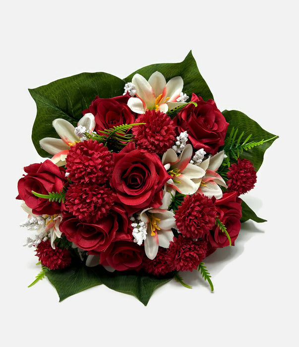 Rose Lily & Pom Pom Flower Bush x 36cm - Red