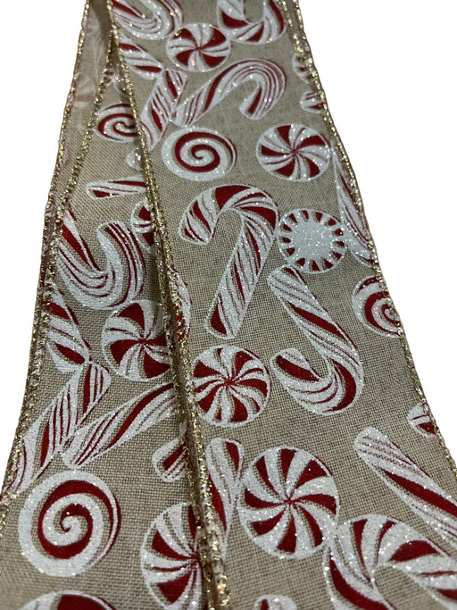 Sample Size - 1 Metre Length - Wired Edge Candy Cane & Sweet Ribbon 63mm Wide