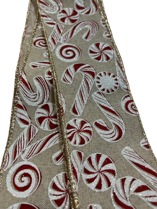 Sample Size - 1 Metre Length - Wired Edge Candy Cane & Sweet Ribbon 63mm Wide