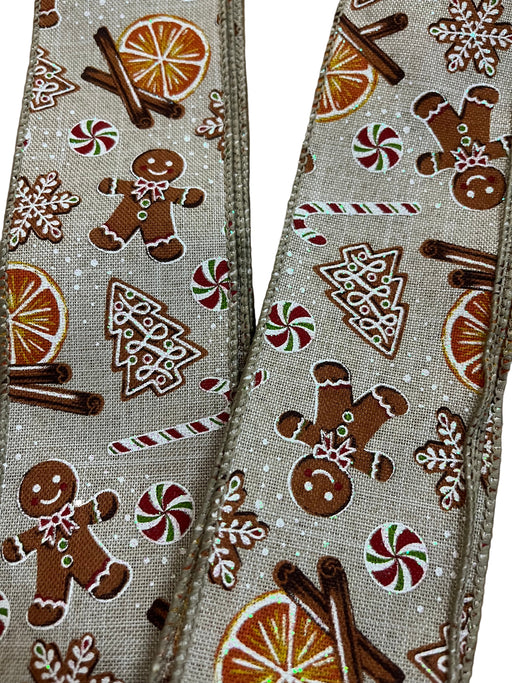 Sample Size - 1 Metre Length - Wired Edge Christmas Gingerbread Ribbon 63mm Wide