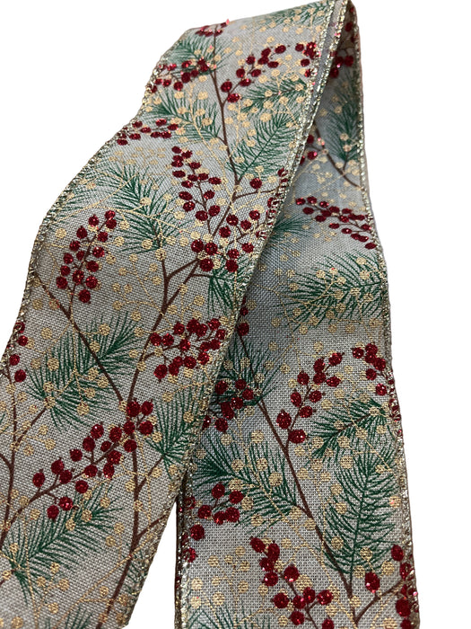 Sample Size - 1 Metre Length - Wired Edge Christmas Pine & Metallic Gold Berries 63mm Wide