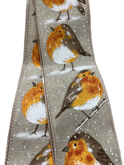 Sample Size - 1 Metre Length - Wired Edge Christmas Robin Red Breast Ribbon 63mm Wide