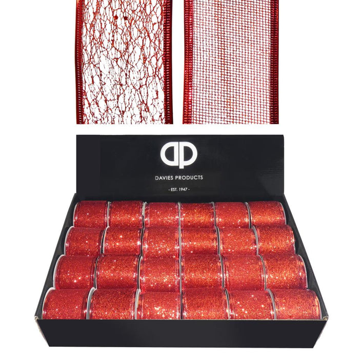 Single Roll of Wired Red Sparkle Ribbon - 2.7m long