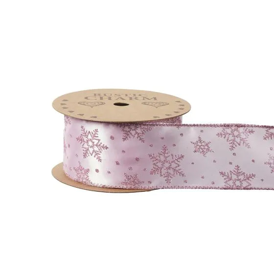 Snowflake Satin Ribbon - Light Pink - 60mm x 10m