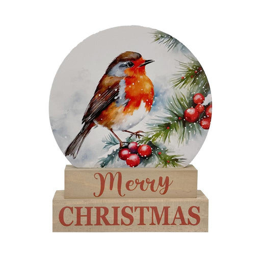 Standing Merry Christmas Robin on a Wooden Base - 14 x 19cm 
