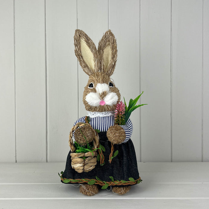 Straw Rabbit holding a Basket of Spring Flowers -  H34cm