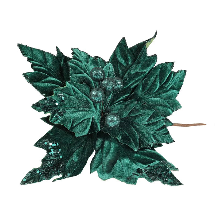 Velvet Poinsettia Flower Pick with Glitter Edge x 24cm - Emerald