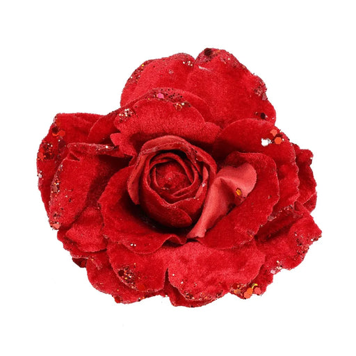 Velvet Red Rose with Glitter Edge & Clip x D15cm