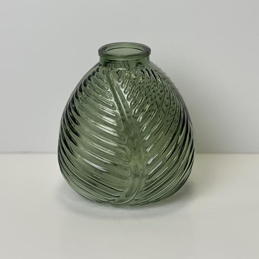 Vintage Green Glass Leaf Bottle H13cm x W12cm 
