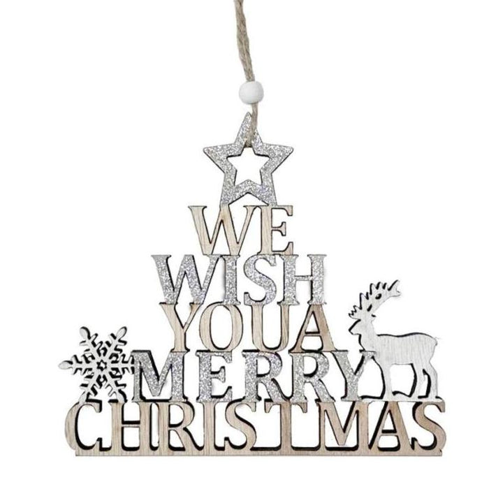 We Wish You A Merry Christmas Wooden Hanger - Natural & Silver