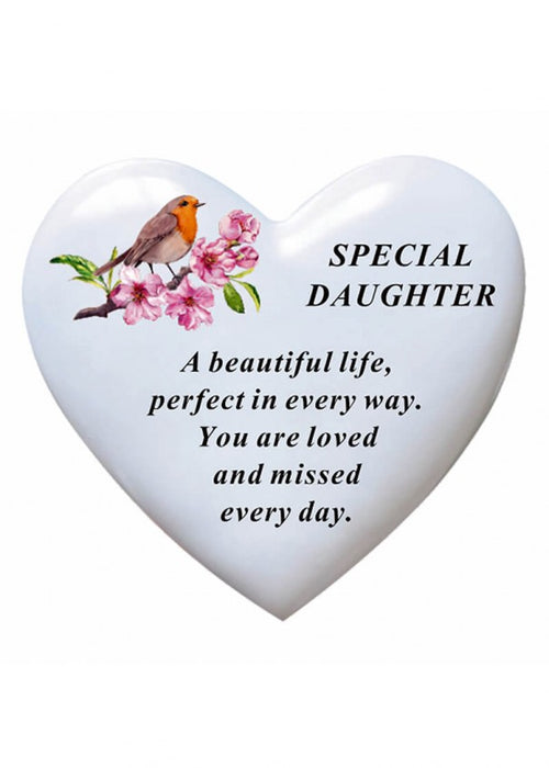 White Heart Graveside Memorial Plaque with Robin - Special Daughter