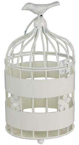 White Metal Birdcage Planter with Sparrow on Top - Height 22.5cm