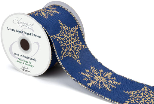 Wired Edge Christmas Luxury Snowflakes Navy/Gold  - 63mm x 9.1m