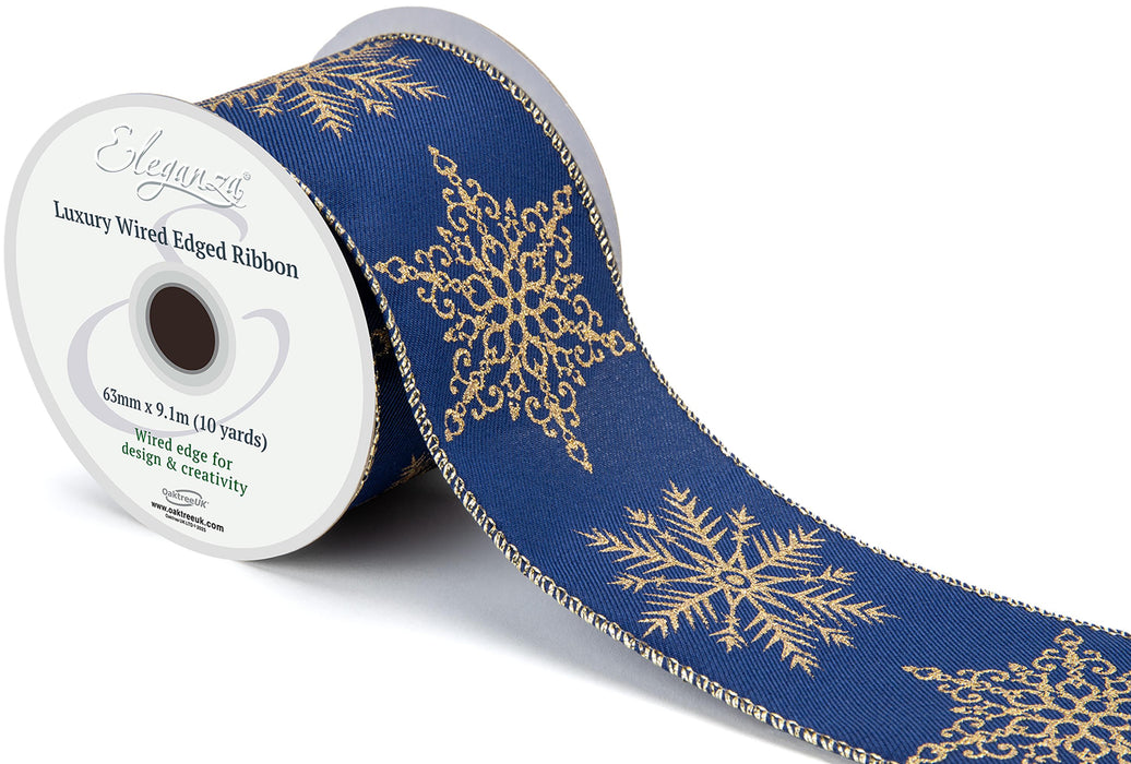 Wired Edge Christmas Luxury Snowflakes Navy/Gold  - 63mm x 9.1m