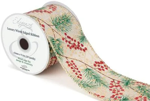 Wired Edge Christmas Pine & Metallic Berries No.457 - 63mm x 9.1m