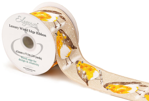 Wired Edge Christmas Robin Red Breast Ribbon Roll - Natural No.449 - 63mm x 9.1m