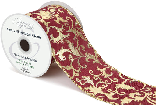 Wired Edge Luxury Gilded Filagree Burgundy/Gold Ribbon Roll - 63mm x 9.1m