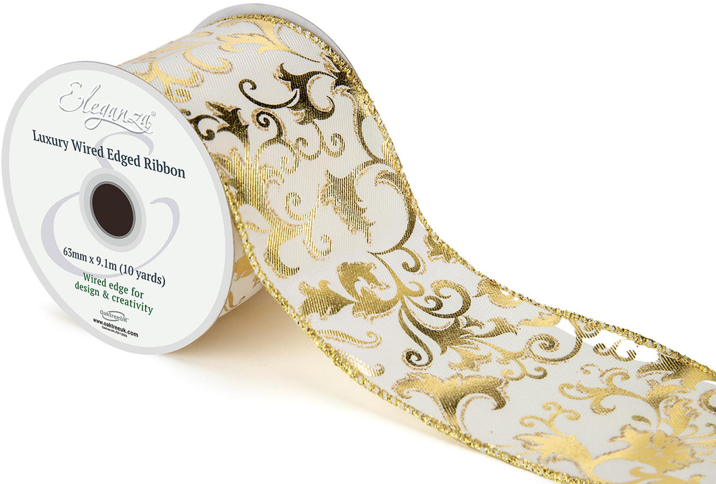 Wired Edge Luxury Gilded Filagree Cream/Gold Ribbon Roll - 63mm x 9.1m