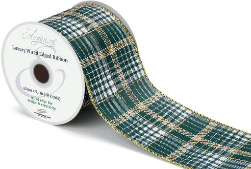 Luxury Green & Gold Metallic Tartan Wired Ribbon Roll - No.474 - 63mm x 9.1m