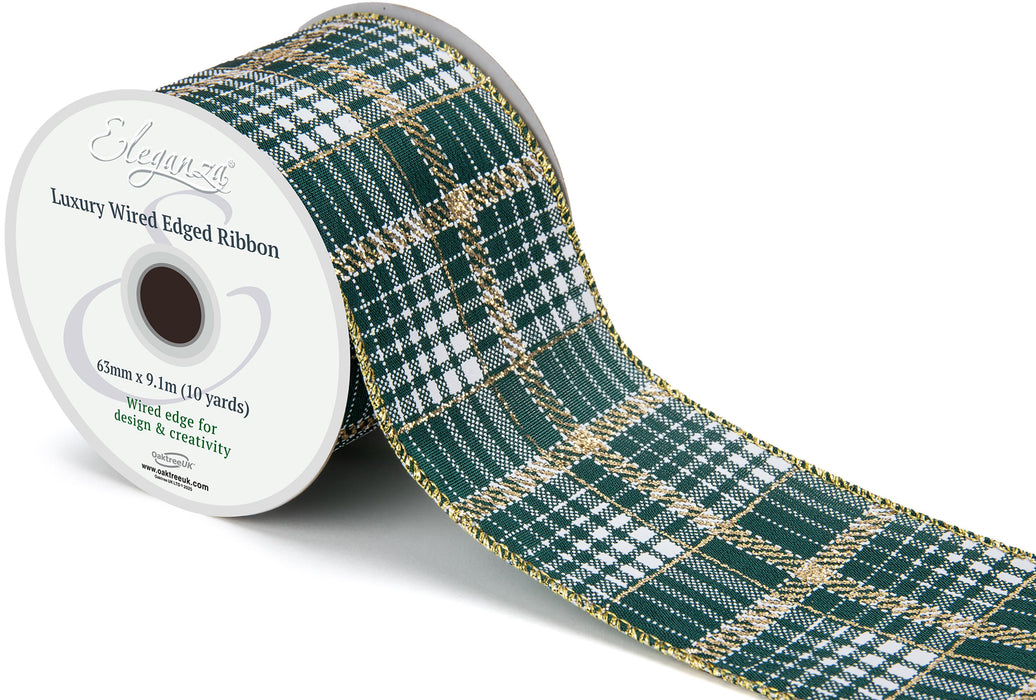 Luxury Green & Gold Metallic Tartan Wired Ribbon Roll - No.474 - 63mm x 9.1m