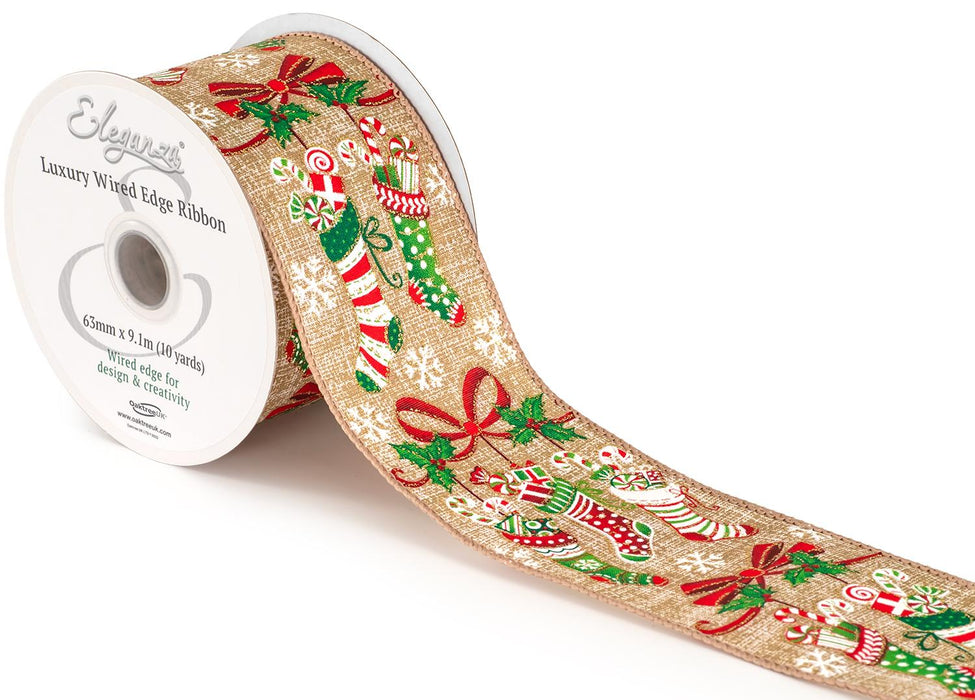 Wired Edge Natural Burlap Ribbon 63mm x 9.1m - Christmas Stockings