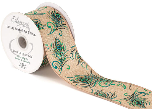 Wired Edge Natural Burlap Ribbon 63mm x 9.1m - Iridescent Peacock