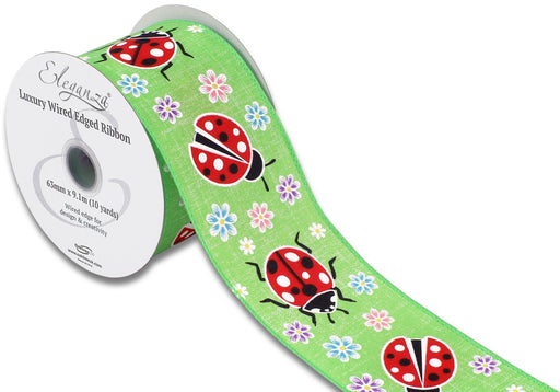 Wired Edge Ribbon 63mm x 9.1m - Floral Ladybird Lime Green