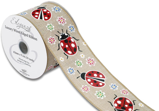 Wired Edge Ribbon 63mm x 9.1m - Floral Ladybird Natural