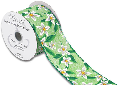 Wired Edge Ribbon 63mm x 9.1m - Floral Pattern Green/White 