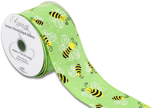 Wired Edge Ribbon 63mm x 9.1m - Smiley Bee Lime Green