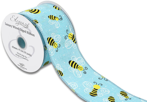 Wired Edge Ribbon 63mm x 9.1m - Smiley Bee Tiffany Blue