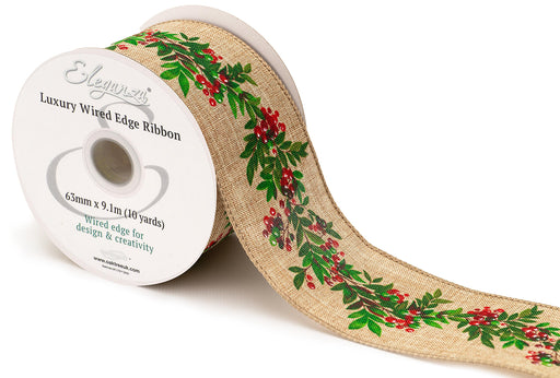 Wired Edge Christmas Red Berries & Foliage Ribbon Roll  - 63mm x 9.1m