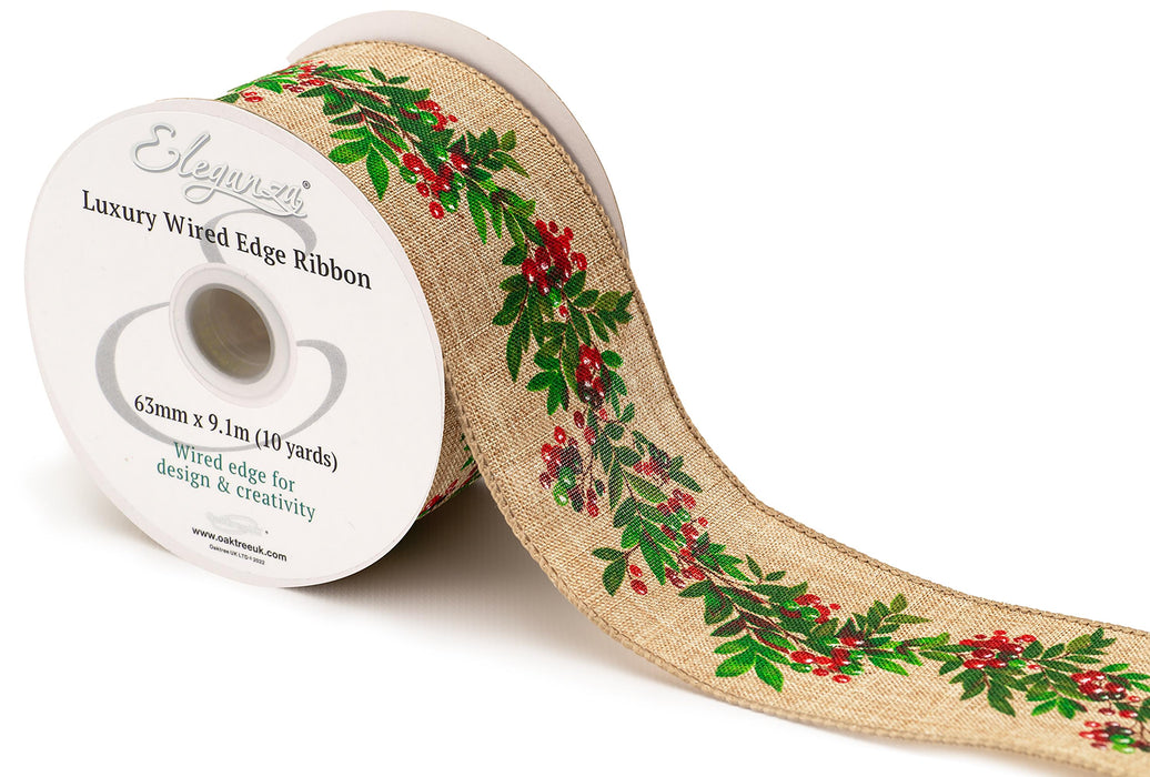 Wired Edge Christmas Red Berries & Foliage Ribbon Roll  - 63mm x 9.1m