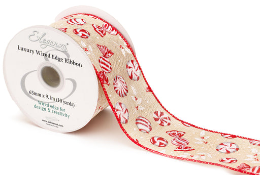 Wired Edge Christmas Red & White Sweeties Ribbon Roll - 63mm x 9.1m