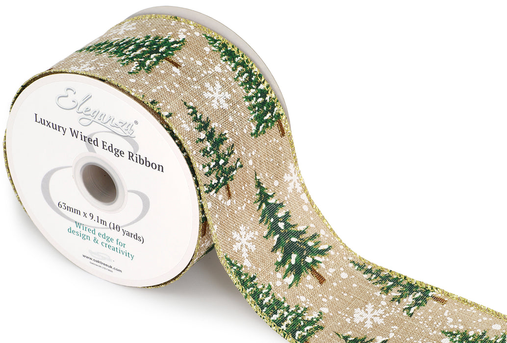 Wired Edge Christmas Snow Tree Ribbon Roll - 63mm x 9.1m