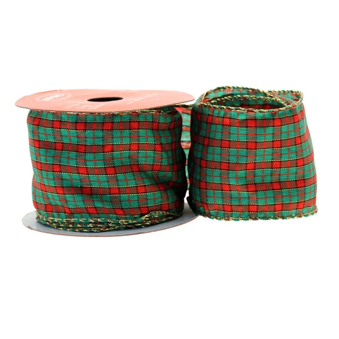 Wired Tartan Red & Green Plaid Ribbon - 63mm x 10yds