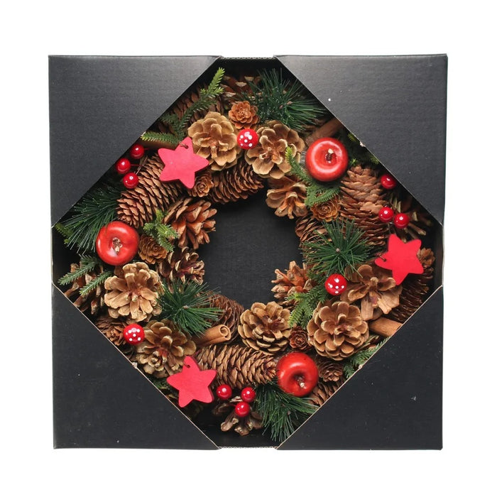 Woodland Natural Wreath with Red Stars x 30cm