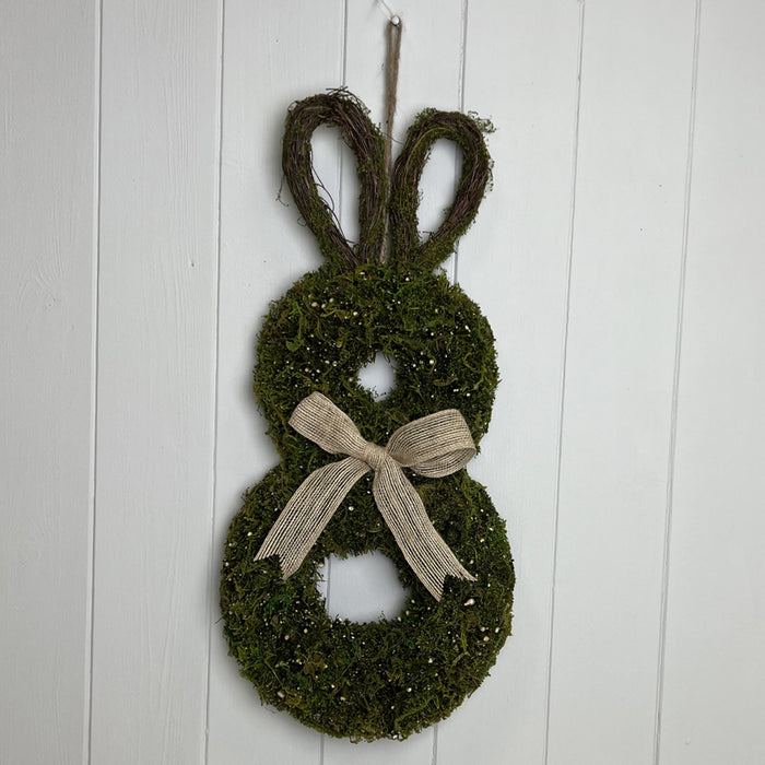 Hanging Moss & Rattan Rabbit Wreath with Bow x H22.5cm