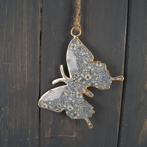 Vintage Blue Floral Hanging Butterfly Ornament x 8cm
