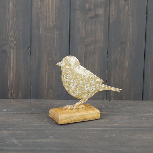 Vintage Light Green Floral Standing Bird on Wooden Base x 15cm