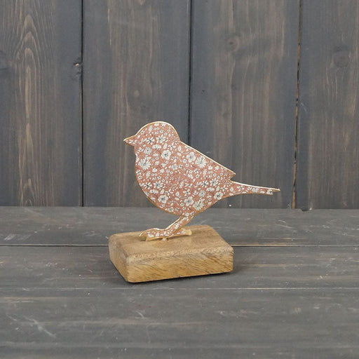 Vintage Pink Floral Standing Bird on Wooden Base x 12cm