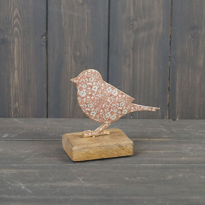 Vintage Pink Floral Standing Bird on Wooden Base x 12cm