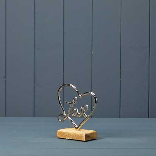 Silver Heart with Love on a Wooden Base x 13.5cm