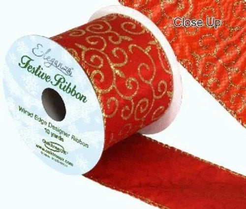 Satin Wired Edge Red Ribbon with Gold Glitter Filigree 10yds x 63mm