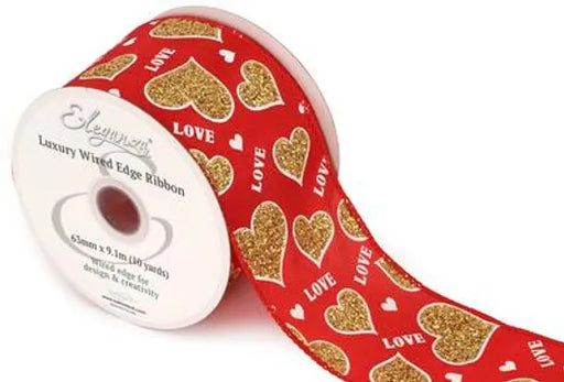 Wired Edge Ribbon 63mm x 9.1m - Red with Gold Glitter Love Hearts