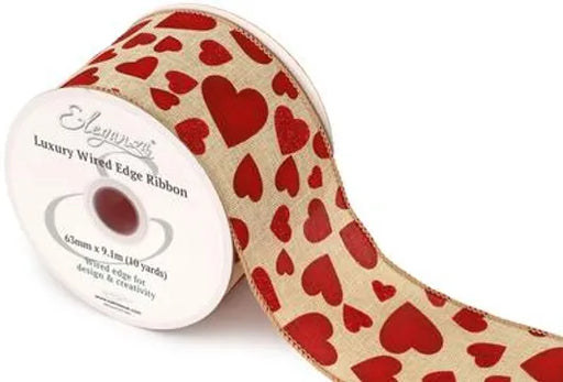 Wired Edge Ribbon Natural 63mm x 9.1m -  Red Hearts