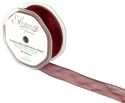 32mm Burgundy Wired Edge Chiffon Ribbon Roll x 20m
